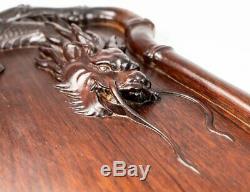 Antique to Vintage Carved Teak Wood Asian Dragon Bar Serving Tray, 25 w Handles