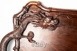 Antique to Vintage Carved Teak Wood Asian Dragon Bar Serving Tray, 25 w Handles