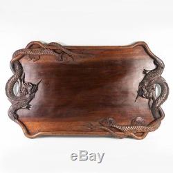 Antique to Vintage early 1900s Hand Carved Teak Dragon Serving Tray, 21 x 13
