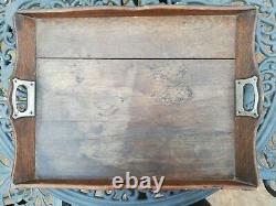 Antique vintage wood butlers serving tray metal handles 22 x 16