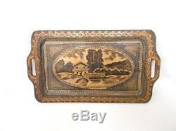Antique wooden pyrography / poker work serving tray with glass Bulgarian folk art