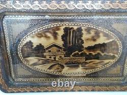 Antique wooden pyrography / poker work serving tray with glass Bulgarian folk art