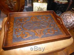BEAUTIFUL Antique Arts & Crafts Large Oak Carved Butlers Serving TEA TRAY Treen