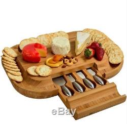 Bamboo Cheese Serving Tray Board Stainless Steel Tools Wood Knife Fork Spreader