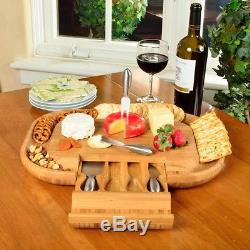 Bamboo Cheese Serving Tray Board Stainless Steel Tools Wood Knife Fork Spreader