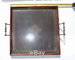 Beautiful Vintage Large Solid Brass Top & Wood Serving Tray With Brass Handle