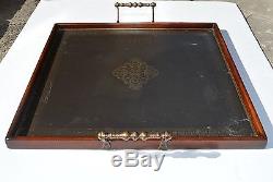 Beautiful Vintage Large Solid Brass Top & Wood Serving Tray With Brass Handle
