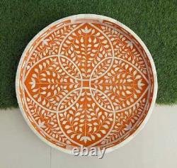 Beautiful handmade Luxurious bone inlay Floral Pattern round wooden serving tray
