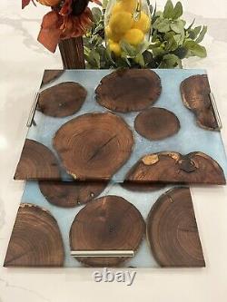 Blue Marble Epoxy Mesquite Wood Charcuterie Board/ Serving Tray- Silver Handles