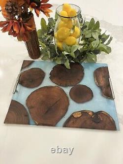 Blue Marble Epoxy Mesquite Wood Charcuterie Board/ Serving Tray- Silver Handles