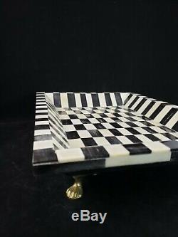 Bone Horn Inlay Centerpiece Wooden Indian Serving Tray Black & White Abstract