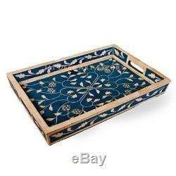 Bone Inlay Blue Leaf Wooden Antique Handmade Vintage Indian Serving Tray