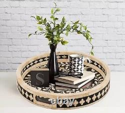 Bone Inlay Serving Tray Handmade Wooden Round Tray Home Decorative