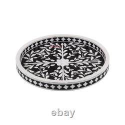 Bone Inlay Serving Tray Kitchen Platter Floral Round Tray Wooden Inlay Tray Home