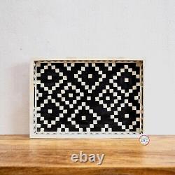 Bone Inlay Serving Tray With Handle- Handcrafted In India With Diamond Pattern