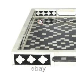 Bone Inlay Serving Tray With Handle- Handcrafted In India With Diamond Pattern