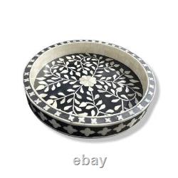Bone Inlay Tray, Round Serving Tray Handmade Floral Black Home Décor