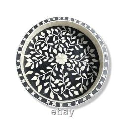 Bone Inlay Tray, Round Serving Tray Handmade Floral Black Home Décor