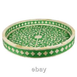 Bone Inlay Tray, Round Serving Tray Handmade Floral Green Home Decor
