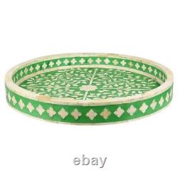 Bone Inlay Tray, Round Serving Tray Handmade Floral Green Home Decor