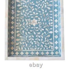 Bone Inlay Tray Serving Tray Floral Rectangular Tray Dusty Blue Home Decor