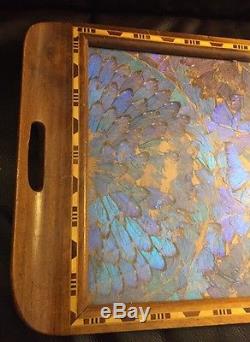 Brazil Iridescent ALL MORPHO BUTTERFLY WINGS Art Serving Wood Tray Inlay Border