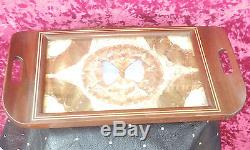 Brazilian Iridescent Butterfly Wing Art Serving Wood Tray Inlay Border Morpho