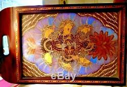 Brazilian Mahogany Inlay Serving Tray Butterfly Wings Reverse Painted Scene