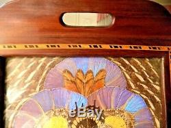 Brazilian Mahogany Inlay Serving Tray Butterfly Wings Reverse Painted Scene