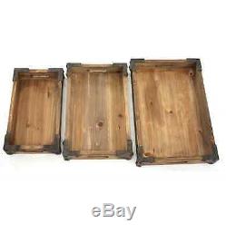 Brighton 3 Piece Wooden Decorative Serving Tray Set Coffee Table Decor, Brown