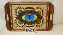 Brilliant Blue Butterfly Wing Mosaic Wood Serving Tray Marquetry Handled