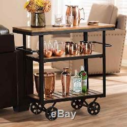 Brown Black Wine Rack Rolling Wooden Metal Beverage Bar Serving Cart Drink Tray