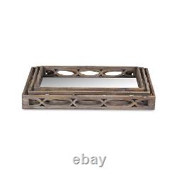Brown Geo Cut Out Wood Handmade Serving Tray With Handle Dinnerware 19 Inch 3Pcs