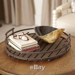 Brown Rustic Round Iron Wood Wooden Book Drink Cocktail Dish Serving Tray Table