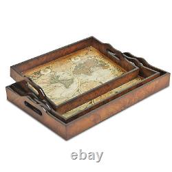 Burl Wood Vintage Map Design Handmade Serving Trays With Handles 19 Inch 3Pcs