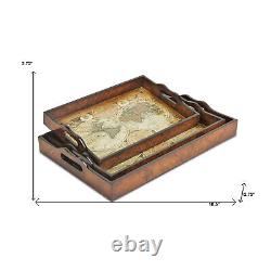Burl Wood Vintage Map Design Handmade Serving Trays With Handles 19 Inch 3Pcs