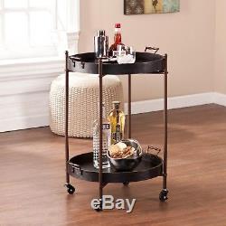 Butler Table Bar Serving Cart Removable Tray Lock Wheels Black Round Wood 2 Tier