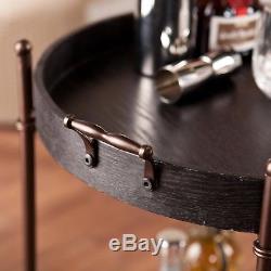 Butler Table Bar Serving Cart Removable Tray Lock Wheels Black Round Wood 2 Tier