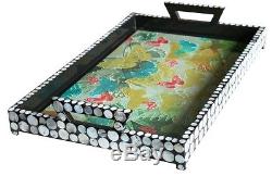 Butterfly Effect Decoupage Black Large Lacquer Tray with Seashell