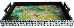 Butterfly Effect Decoupage Black Large Lacquer Tray with Seashell