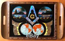 Butterfly wing Masonic Emblem wood serving tray Rio Brazil inlaid marquetry Rare