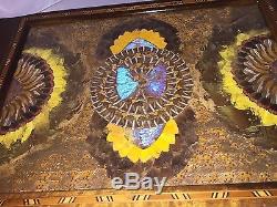 Butterly wing mosaic wood serving tray Rio Brazil inlaid marquetry blue morpho