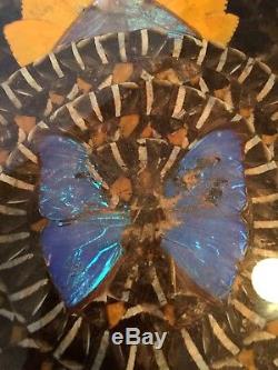 Butterly wing mosaic wood serving tray Rio Brazil inlaid marquetry blue morpho