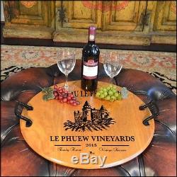 Castle Vineyard Barrel Head Serving Tray with Wrought Iron Handles, Home or Bar