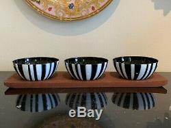Cathrineholm Mid Century Teak Wood Tray Set of 3 Enamel Stripes Bowls