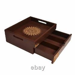 Centre Table Tea Serving Tray Kitchen Brown Wooden Tray with Drawer 13X11X4.5in