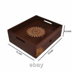 Centre Table Tea Serving Tray Kitchen Brown Wooden Tray with Drawer 13X11X4.5in
