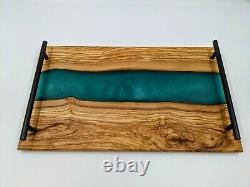 Charcuterie serving board tray OLIVE WOOD with Aqua Blue Epoxy Inlay with handles