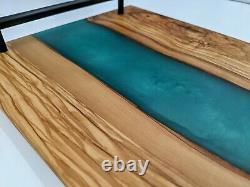 Charcuterie serving board tray OLIVE WOOD with Aqua Blue Epoxy Inlay with handles