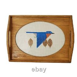 Charley Harper Bluebird Cross Stitch Wood Glass Serving Tea Tray Embroidery